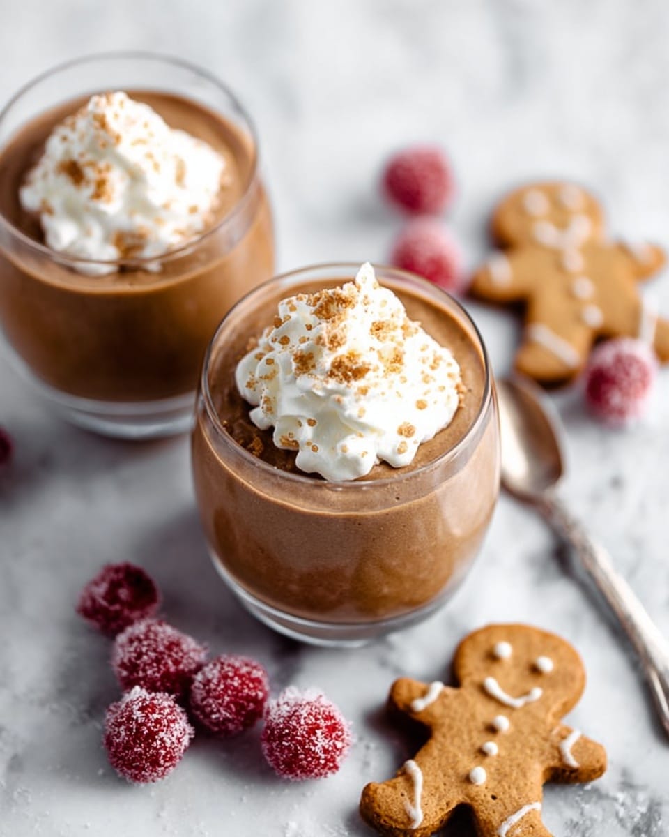 Two clear glass cups filled with a smooth, brown creamy dessert, topped with a dollop of white whipped cream sprinkled with small brown crumbs. Around the cups, there are small red sugared berries and two gingerbread cookies shaped like gingerbread people placed on a white marbled surface. A silver spoon lies near the berries on the right side. The image is bright and soft-focused with a cozy feel. Photo taken with an iphone --ar 4:5 --v 7