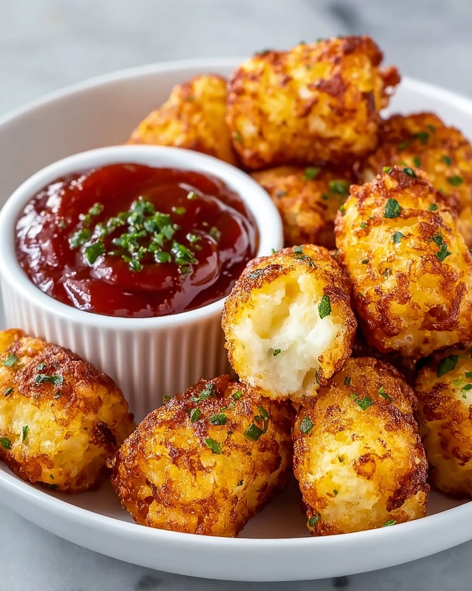 A white round bowl filled with several small, golden-brown crispy tater tots textured with a crunchy outer layer and soft white potato visible inside some pieces, sprinkled lightly with chopped green herbs for contrast. Next to the tater tots, inside the bowl, sits a small white ribbed ramekin filled with rich red ketchup topped with a few green herb bits. The bowl is set on a white marbled surface that highlights the warm colors of the food. photo taken with an iphone --ar 4:5 --v 7