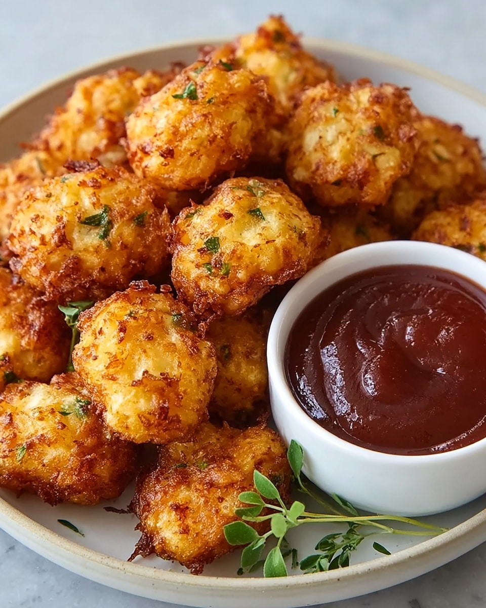 A round white plate filled with golden-brown, crispy, bite-sized fritters with small green herb pieces visible throughout, stacked closely together by a small white bowl of smooth, thick, dark red dipping sauce on the side, with a small green herb sprig placed near the sauce bowl, all set on a white marbled textured surface. photo taken with an iphone --ar 4:5 --v 7