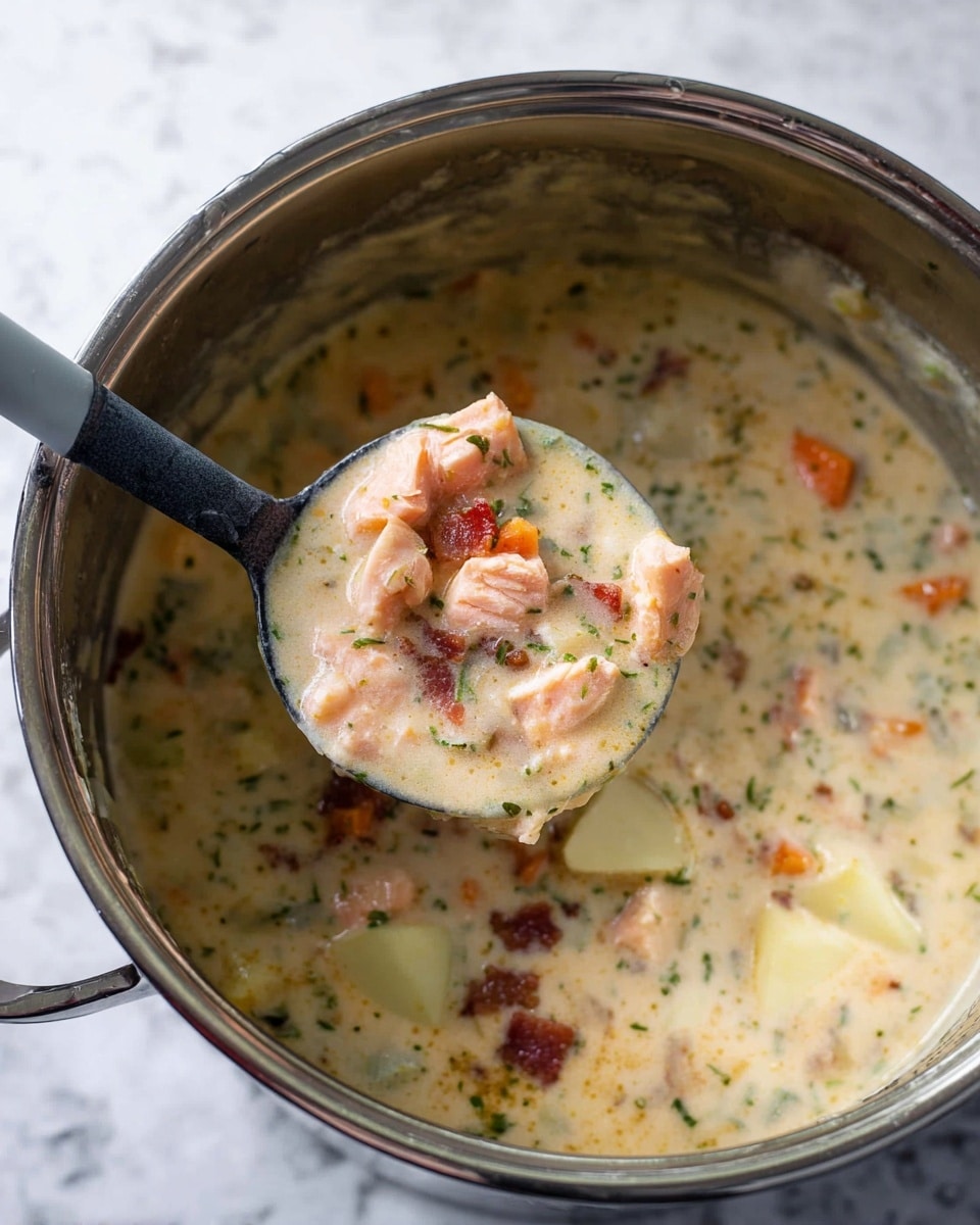 A close-up view inside a large stainless steel pot filled with creamy, thick chowder soup, showing three main layers: a creamy, light beige base with specks of green herbs throughout; chunks of soft orange carrots and small pale yellow potatoes scattered evenly in the soup; and pieces of pinkish cooked salmon and small cubes of brown bacon placed on top and within the soup. A black ladle with a gray handle is lifting a scoop of soup, showing the same layers. The background is a white marbled texture. Photo taken with an iphone --ar 4:5 --v 7