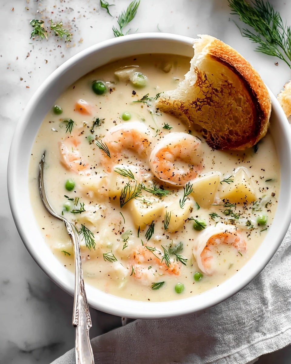A white bowl filled with creamy off-white chowder, showing several layers of light pink shrimp and white scallops mixed with small green peas and light yellow potato chunks, sprinkled with green dill and black pepper. A silver spoon rests inside the bowl on the left side. On the right edge, a small toasted bread slice with a golden-brown crust sits partially dipped in the chowder, next to a torn piece of soft bread with a light golden crust. The bowl sits on a soft white cloth over a white marbled surface, with some dill sprigs and seasoning scattered in the background. photo taken with an iphone --ar 4:5 --v 7