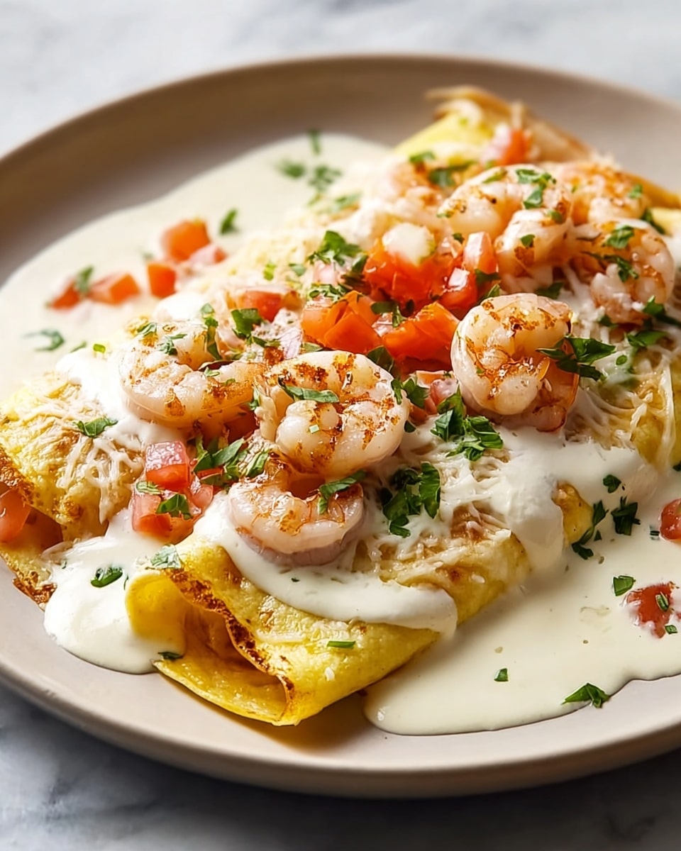 A folded yellow crepe with a soft, slightly browned texture forms the base layer on a white plate. It is covered with a thick, smooth white cream sauce that pools gently around the edges. On top, small pink cooked shrimp are scattered, their slight curls showing gridded grill marks. Bright orange diced tomatoes rest near the shrimp, while green chopped herbs add fresh color all over the dish. The plate sits on a white marbled texture surface, making the colors of the food stand out brightly. Photo taken with an iphone --ar 4:5 --v 7