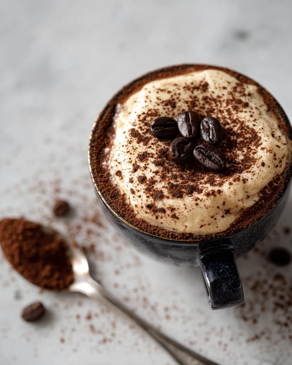 The image shows a close-up of a small cup filled with dark brown liquid, topped with a thick layer of light brown frothy cream sprinkled with fine brown powder. On top of the cream, there are three dark brown coffee beans placed near the center. The cup itself is dark-colored with a handle visible on the side, resting on a white marbled surface. Scattered brown powder and a silver spoon lying next to the cup add detail to the scene. photo taken with an iphone --ar 4:5 --v 7