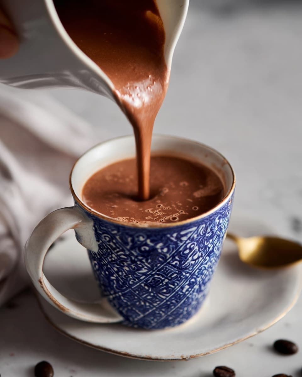 A close-up image shows thick, creamy chocolate liquid being poured from a white ceramic pitcher into a blue and white patterned ceramic mug with a handle. The pouring chocolate forms a smooth stream and fills the mug almost to the top, creating a rich, velvety surface. The mug rests on a white plate, which is placed on a white marbled textured surface. In the background, some scattered dark coffee beans and a golden spoon add subtle detail but remain out of focus. A woman's hand holds the pitcher, tilted to pour. The lighting softly highlights the flow and texture of the chocolate liquid. photo taken with an iphone --ar 4:5 --v 7