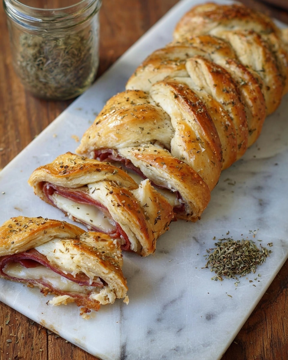 The image shows a braided pastry on a white marble board, sliced into three pieces. The pastry crust is golden brown with a slightly shiny texture and light sprinkling of herbs on top. Inside, there is a layer of thinly sliced cured meat with a deep red color and a layer of melted, creamy white cheese. The braided dough folds over the filling, showing layers of flaky, soft bread. A glass jar with dried herbs is placed next to the board on a wooden surface. photo taken with an iphone --ar 4:5 --v 7