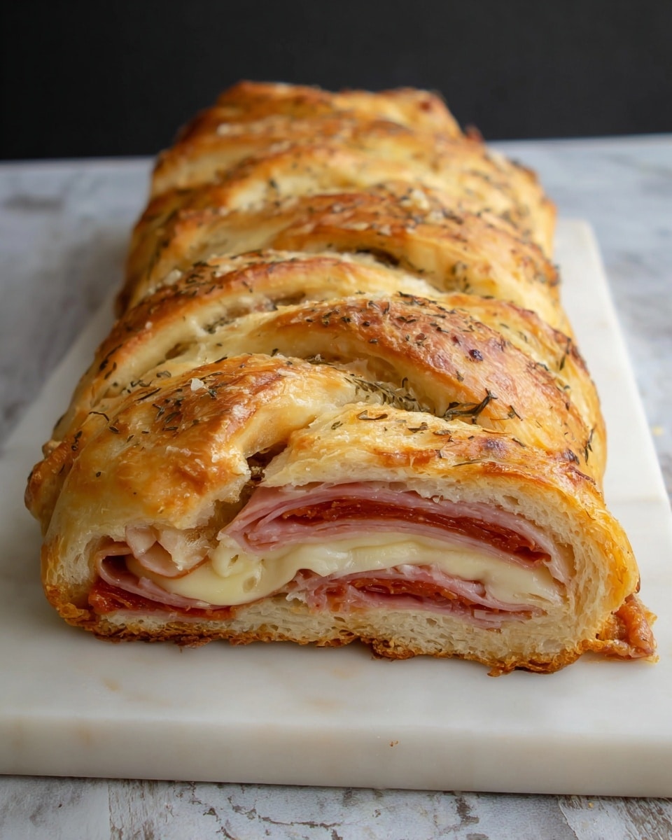 The image shows a long braided bread loaf with a golden-brown crust and a chewy, soft inside texture. The bread is sliced at the front to reveal several layers inside: the bottom layer has a light beige color, above that there is a layer of thin pink ham, followed by a darker red layer of pepperoni, and on top, a white layer of melted cheese. The braided crust has visible specks of herbs and a shiny, slightly crispy surface. The loaf is placed on a white rectangular marble board, against a simple dark background with a white marbled texture visible on the surface below. Photo taken with an iphone --ar 4:5 --v 7