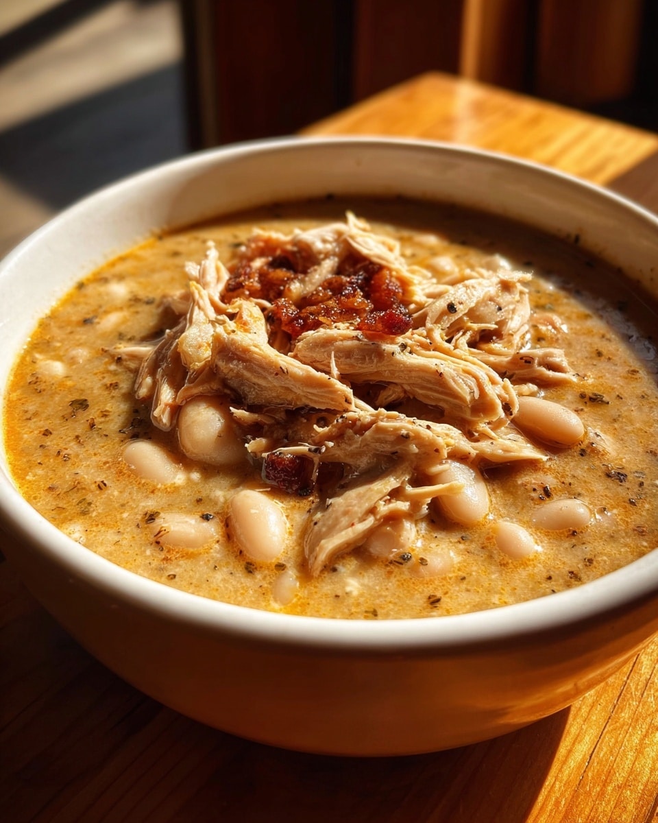 A close-up view of a white bowl filled with a creamy soup showing two main layers: the base layer is a thick, light brown broth with specks of black pepper and herbs, mixed with several whole white beans scattered throughout; the top layer is shredded chicken with pieces of browned, slightly crispy skin, all resting on the surface of the soup, creating a textured and hearty look. The bowl sits on a wooden table with warm sunlight coming from the side, casting soft shadows. photo taken with an iphone --ar 4:5 --v 7