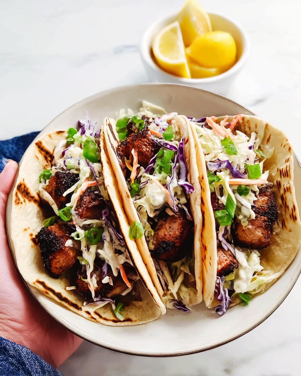 Three tacos lie side by side on a round white plate over a white marbled surface. Each taco has a soft, light brown tortilla with subtle grill marks, folded to hold the fillings. The base layer in each taco is chunks of grilled meat with a charred, dark brown exterior and juicy inside. Above the meat is a creamy, colorful slaw made of shredded white, purple, and orange vegetables, likely cabbage and carrots, with a smooth dressing that lightly coats the slaw. Bright green chopped scallions are sprinkled on top, adding a fresh contrast. In the background, there is a small white bowl filled with lemon wedges and another white bowl containing extra slaw. A woman's hand is partially seen holding the plate from the side. Photo taken with an iphone --ar 4:5 --v 7