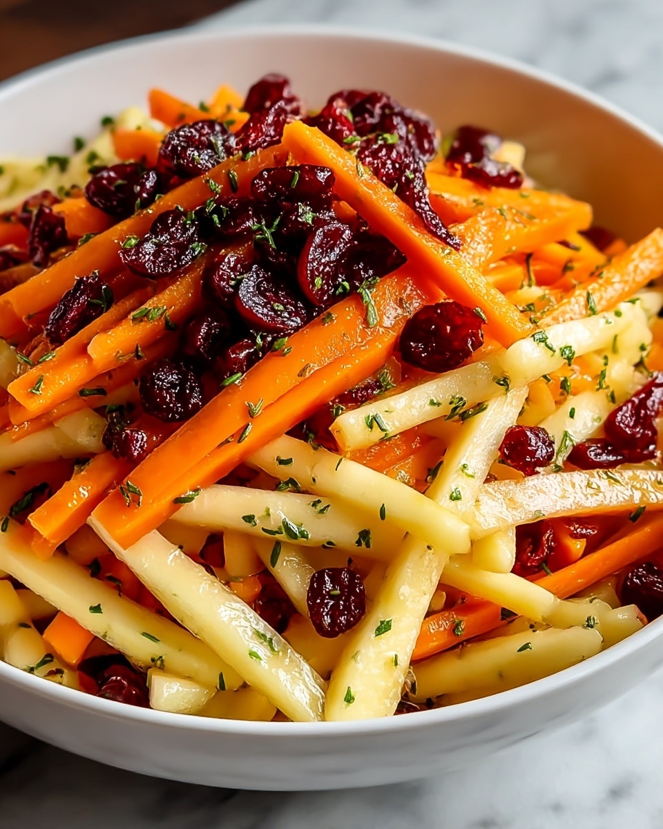 A white bowl filled with a fresh salad showing three layers: the bottom layer is made of long, pale yellow apple slices with a smooth, slightly glossy texture; the middle layer consists of bright orange carrot sticks cut into thin strips with a crisp appearance; the top layer is scattered with small, dark red dried cranberries and small pieces of green herbs sprinkled evenly on top, adding color contrast and texture. The bowl rests on a surface with a white marbled texture. photo taken with an iphone --ar 4:5 --v 7