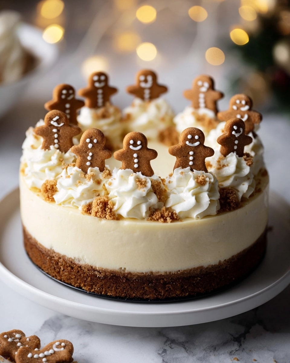 A round cake with two layers sits on a white plate over a white marbled textured surface. The bottom layer is a thick, dark brown crust with a crumbly texture. The top layer is a smooth, creamy off-white cheesecake. On top of the cheesecake are eight swirls of white whipped cream evenly spaced around the edge. Each swirl holds a small gingerbread man cookie decorated with white icing for the face and buttons. Small brown crumb pieces are scattered between the whipped cream swirls on the cake's surface. The background is softly blurred with warm yellow lights. Photo taken with an iphone --ar 4:5 --v 7