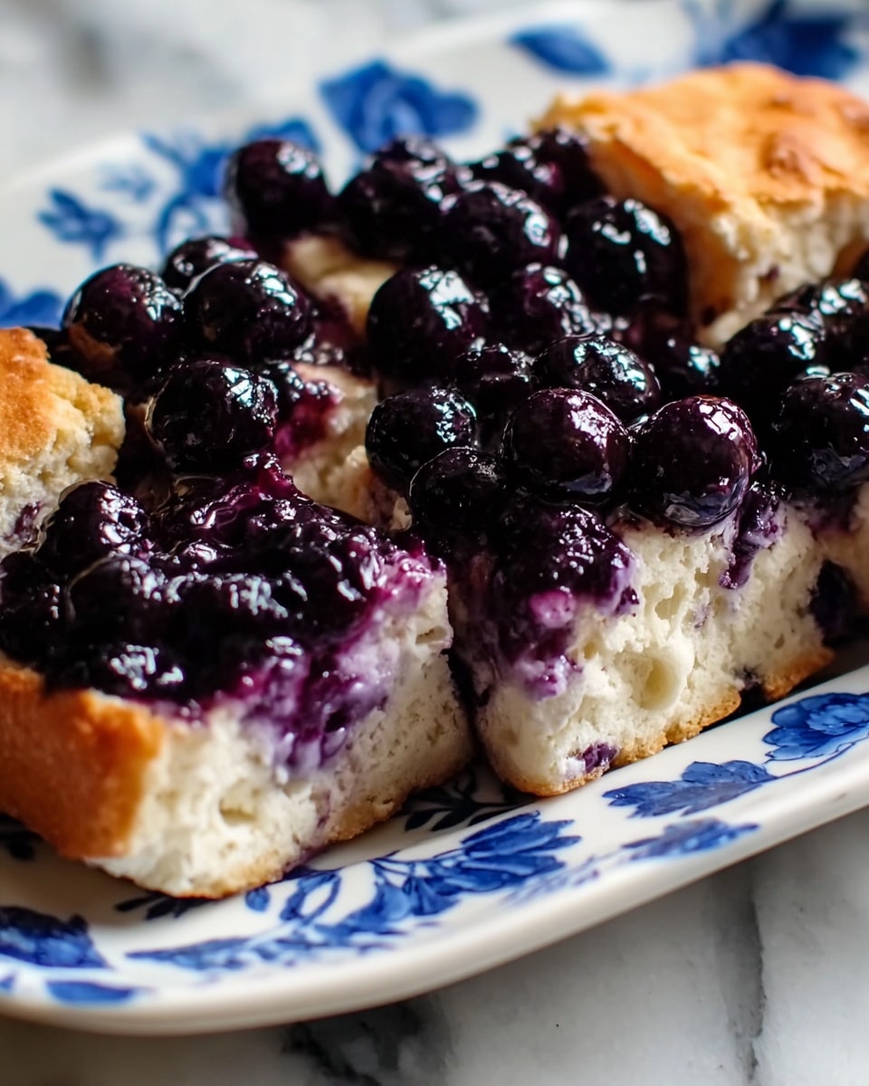The image shows a close-up of a dessert made of soft, golden-brown biscuit squares arranged in a rectangular white plate with blue floral patterns visible at the edge. Between the biscuit pieces, there is a thick layer of shiny, dark purple blueberries that look juicy and fresh, some bursting slightly, with purple juice seeping into the biscuit edges. The biscuit top texture looks slightly crisp and crumbly, while the inside appears fluffy and light. The blueberries create a rich contrast with the biscuit’s pale color. The background features a white marbled texture. Photo taken with an iphone --ar 4:5 --v 7