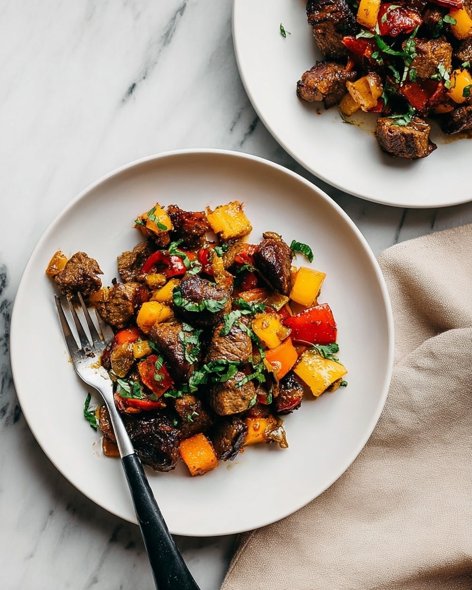 The image shows a white plate with a mixed dish of small, browned meat pieces and colorful vegetables. The meat chunks are dark brown with a slightly crispy texture, scattered together with bright yellow and red bell pepper pieces, and some small orange cubes, all mixed with fresh green chopped herbs on top. A black and silver fork rests on the left side of the plate with some of the pieces stuck on it. The plate sits on a white marbled surface, and part of another similar plate with the same dish is visible in the upper right corner. A beige cloth napkin is on the right side of the image. Photo taken with an iphone --ar 4:5 --v 7