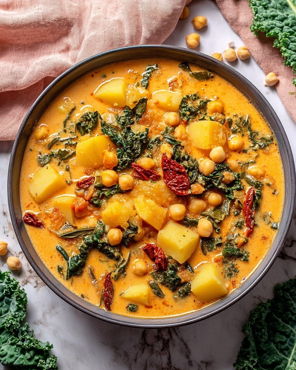 A bowl filled with a thick orange stew showing three main layers of ingredients: round chickpeas scattered throughout, large yellow chunks of potatoes, and dark green leafy kale pieces spread evenly. There are also irregular pieces of red sun-dried tomato floating on top, adding texture and color contrast. The stew’s creamy orange liquid base surrounds and partly covers the solid ingredients, creating a rich and hearty look. The bowl sits on a white marbled surface with a pale pink cloth behind it and some leafy greens and dry chickpeas on the side. photo taken with an iphone --ar 4:5 --v 7