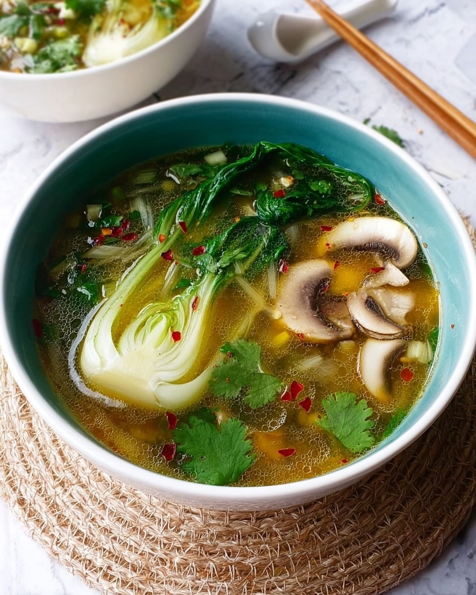 A white bowl filled with a clear yellow broth containing thin, light brown noodles layered across the bottom. On top, there are several thinly sliced light beige mushrooms with dark edges scattered around. A bright green half bok choy sits on one side, its leaves textured and fresh. Near the bok choy, there is a small cluster of fresh dark green cilantro leaves. Small reddish-orange oil droplets float on the surface of the broth. The bowl is placed on a white marbled surface with a white spoon and light wooden chopsticks resting nearby. photo taken with an iphone --ar 4:5 --v 7