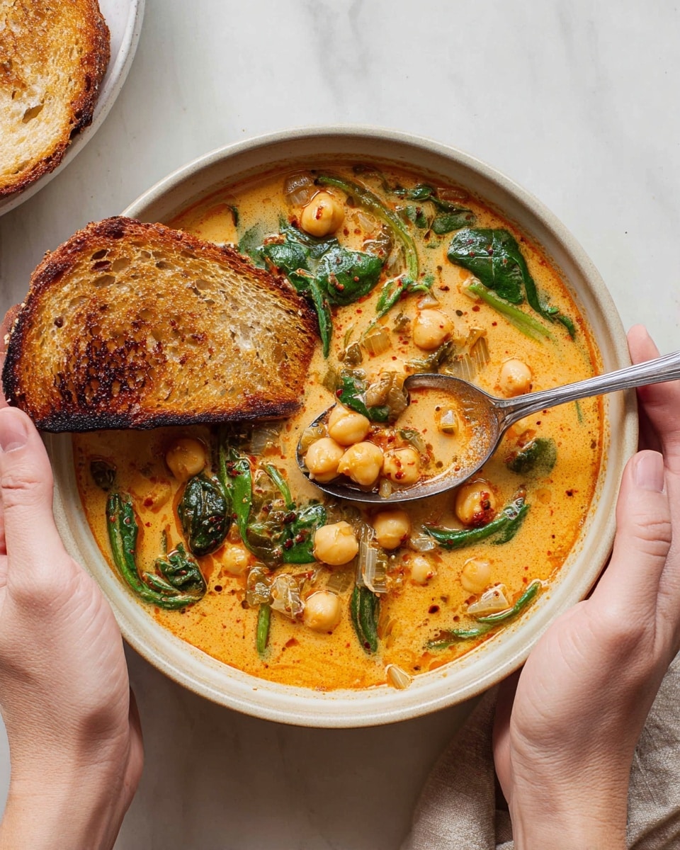 A shallow white bowl filled with a creamy orange chickpea soup, showing three main layers: a top layer of whole light beige chickpeas and dark green spinach leaves, a middle layer of the smooth orange broth with visible spices and herbs, and a bottom layer with chunks of light yellow onions. A metal spoon rests in the bowl, scooping up chickpeas and spinach leaves. A thick slice of toasted bread with a crispy, golden-brown crust leans against the edge of the bowl, partially submerged in the soup. The bowl is held gently by a pair of bare hands on a white marbled surface. Photo taken with an iphone --ar 4:5 --v 7
