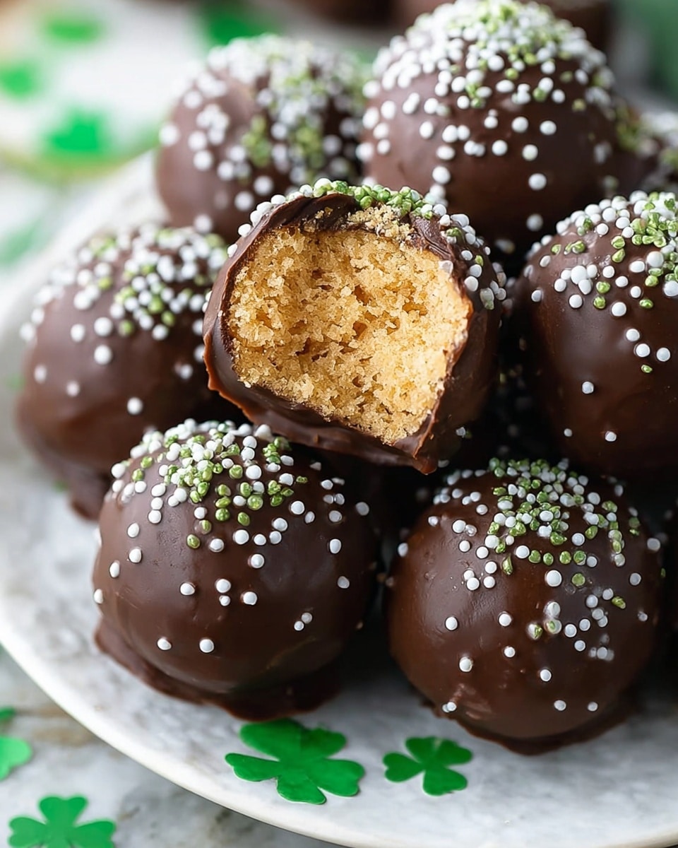 A close-up of several round chocolate balls covered in smooth dark chocolate with small white round sprinkles scattered over them; one ball is bitten to show a dense, light golden crumb inside with a slightly grainy texture; the balls are lying on a white plate with small green shamrock-shaped decorations around them, all set on a white marbled surface. photo taken with an iphone --ar 4:5 --v 7