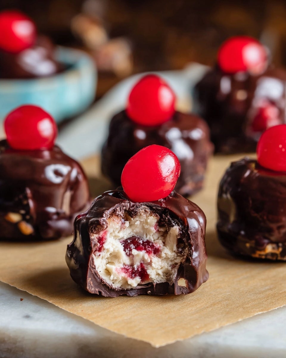 The image shows several bite-sized chocolate-covered treats arranged on a light brown parchment paper placed on a white marbled surface. Each treat has three visual layers: a shiny dark chocolate coating on the outside, a creamy white filling with red specks inside revealed by one treat with a bite taken out, and a glossy bright red cherry on top. The dark chocolate layer is slightly uneven and glossy, wrapping around the soft interior. The cherries are placed neatly at the top center of each chocolate, adding a pop of vibrant red color. In the background, blurred brown and blue shapes create a warm tone. Photo taken with an iphone --ar 4:5 --v 7