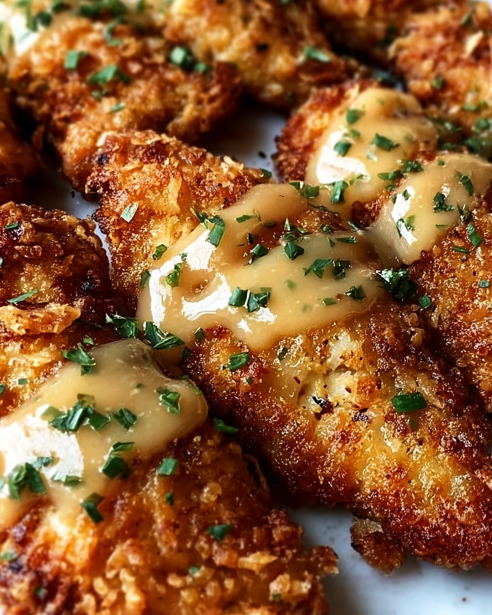 The image shows golden brown fried chicken tenders arranged close together, each piece crispy with a rough, crunchy texture. On top of each tender is a glossy, light beige sauce spread in a line down the center, garnished with small pieces of chopped green herbs. The background is a white marbled texture, making the chicken stand out clearly. photo taken with an iphone --ar 4:5 --v 7