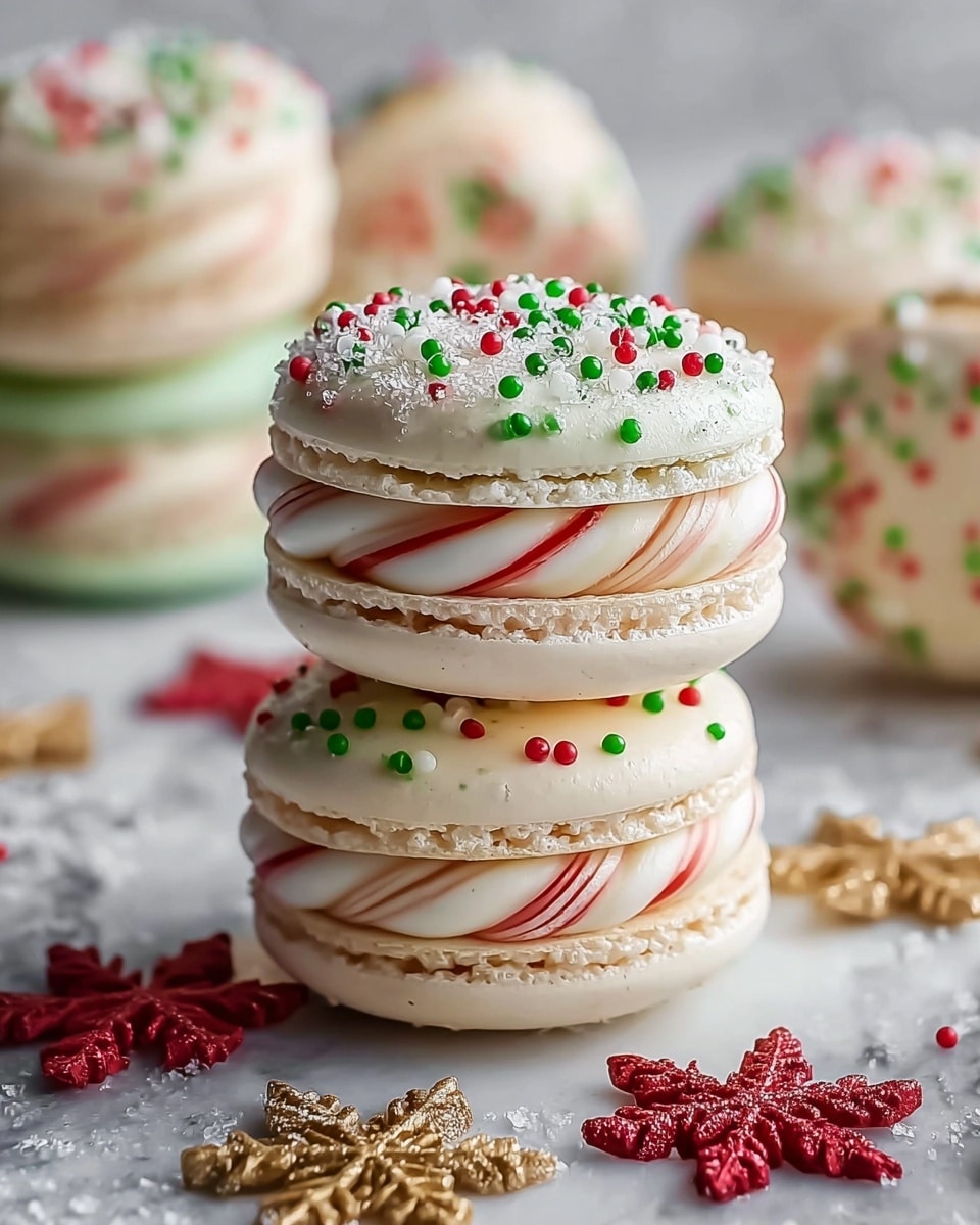 The image shows a tall stack of Christmas Tree Cake macarons with four distinct layers. The top and third layers are white macaron shells decorated with red, green, and white round sprinkles and a light dusting of powdery sugar, giving a festive look. The second layer is a smooth pastel green macaron shell sandwiching a thick, twisted filling that is white with red stripes, resembling candy cane swirls. Between the third and bottom layers, there is another similar white macaron shell filled with a creamy, swirled filling that appears soft and light with flecks of red. The macarons are placed on a white marbled surface, with blurred macarons and small golden star decorations in the background. photo taken with an iphone --ar 4:5 --v 7