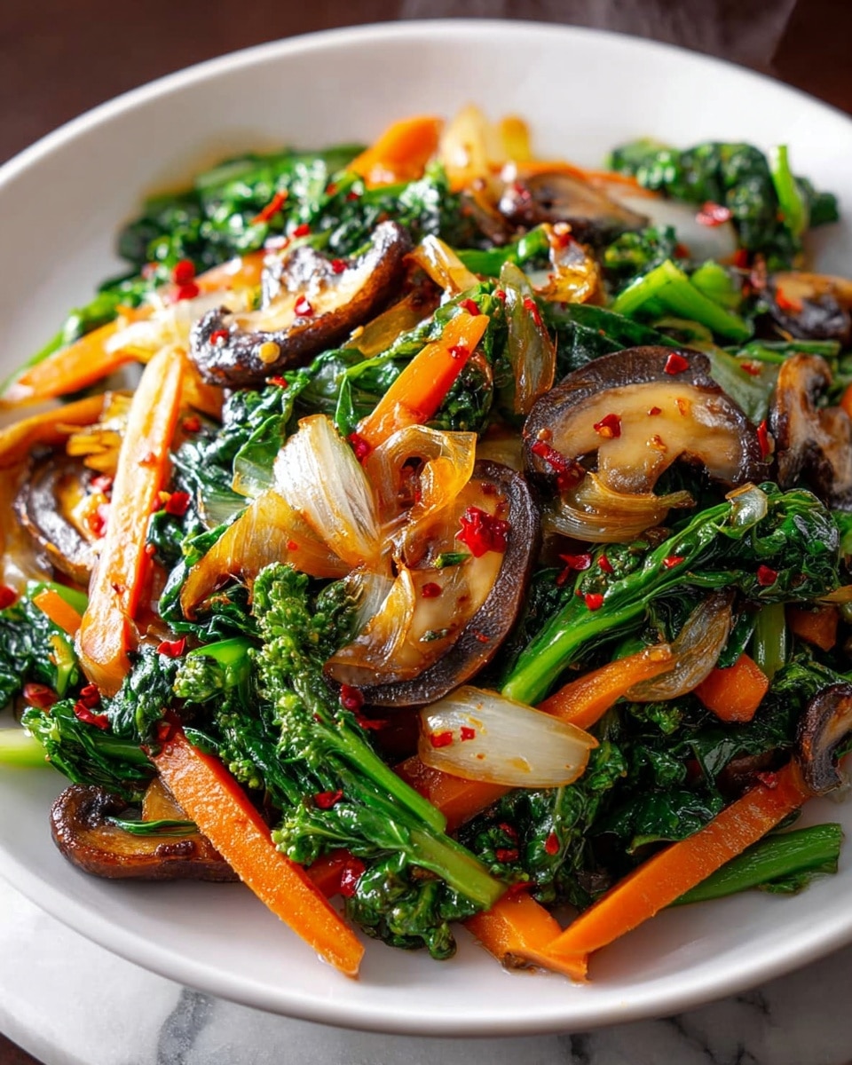 A close-up of a white plate filled with a colorful stir-fry composed of five main layers: bright green leafy vegetables forming the base layer, tender light orange carrot sticks spread throughout, browned and slightly charred mushroom slices scattered on top, glossy caramelized onions with a slight golden texture mixed in, and small red chili flakes sprinkled over the entire dish for a pop of color. The plate sits on a white marbled surface, and steam gently rises from the hot food, giving it a fresh and warm look. photo taken with an iphone --ar 4:5 --v 7
