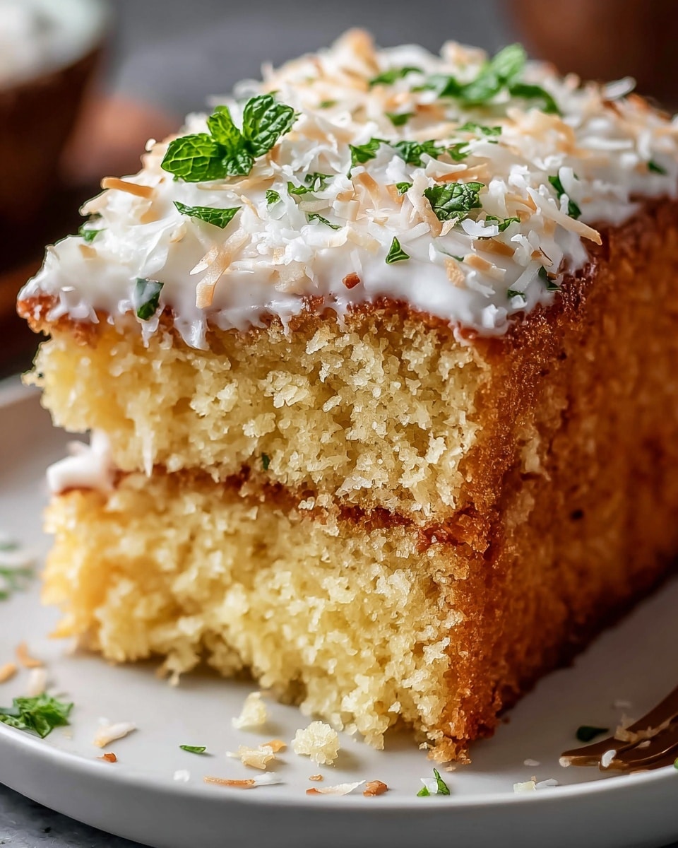 A close-up of a two-layered slice of moist yellow cake with a browned crust, topped with a smooth white icing layer that is sprinkled with toasted shredded coconut and small green mint leaves, placed on a white plate with a white marbled texture in the background, showing the soft and fluffy texture inside the cut slice. photo taken with an iphone --ar 4:5 --v 7