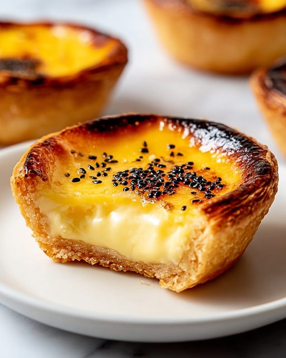 The image shows a close-up of a single egg tart on a white plate set on a white marbled surface. The tart has three main layers: a golden-brown flaky crust on the bottom and sides, a smooth creamy yellow custard filling in the middle, and a slightly caramelized darker yellow top with small black sesame seed-like sprinkles scattered over it. The edges of the crust look crispy and the custard appears soft and glossy. In the background, a few other similar tarts are softly out of focus. photo taken with an iphone --ar 4:5 --v 7