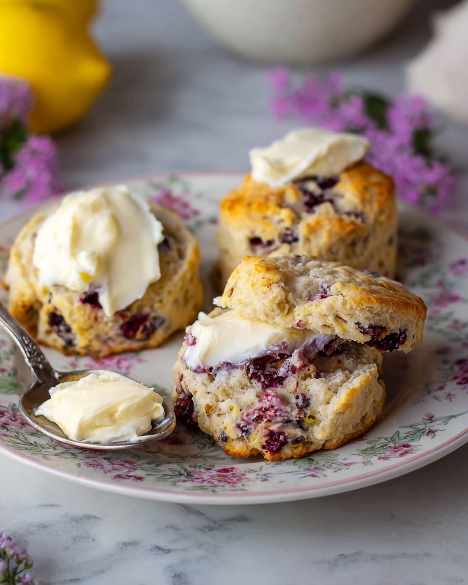 The image shows a white plate with floral patterns that holds three scones, each with a crumbly, golden-brown base and a mix of dark purple and red berry bits inside. One scone in the front is cut open, showing its soft texture and spread with a thick, creamy white layer of cream cheese on the top half, while the other half reveals the inside with berries. There is a silver spoon resting on the plate's edge with a dollop of the same creamy white spread. The plate sits on a white marbled textured surface, surrounded by small purple flowers and blurred background items including a lemon. Photo taken with an iphone --ar 4:5 --v 7