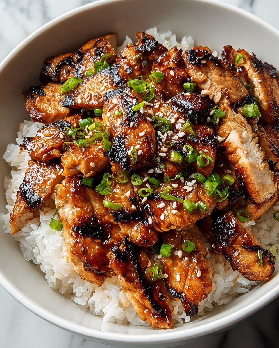 A white bowl filled with a base layer of fluffy white rice, topped with a thick layer of glazed grilled chicken pieces that are golden brown with some charred black grill marks, giving it a shiny and slightly sticky texture. The chicken is sprinkled with small white sesame seeds and bright green chopped scallions scattered unevenly on top. The bowl rests on a surface with white marbled texture, and the lighting emphasizes the glossy finish on the chicken. Photo taken with an iphone --ar 4:5 --v 7