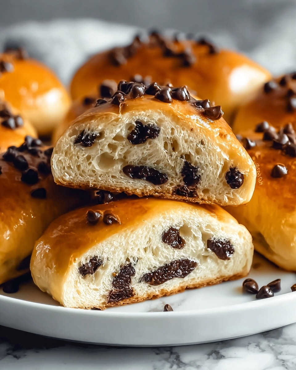The image shows several golden-brown pastries cut in half and placed on a white plate with a white marbled texture underneath. Each pastry has a soft, fluffy interior with a layer of dark chocolate chips embedded inside and more chocolate chips scattered on top. The outer crust is shiny and slightly smooth, with a light glaze that highlights the even, warm color of the bread. The pastries are closely stacked, showing their rich chocolate filling and inviting texture. Photo taken with an iphone --ar 4:5 --v 7