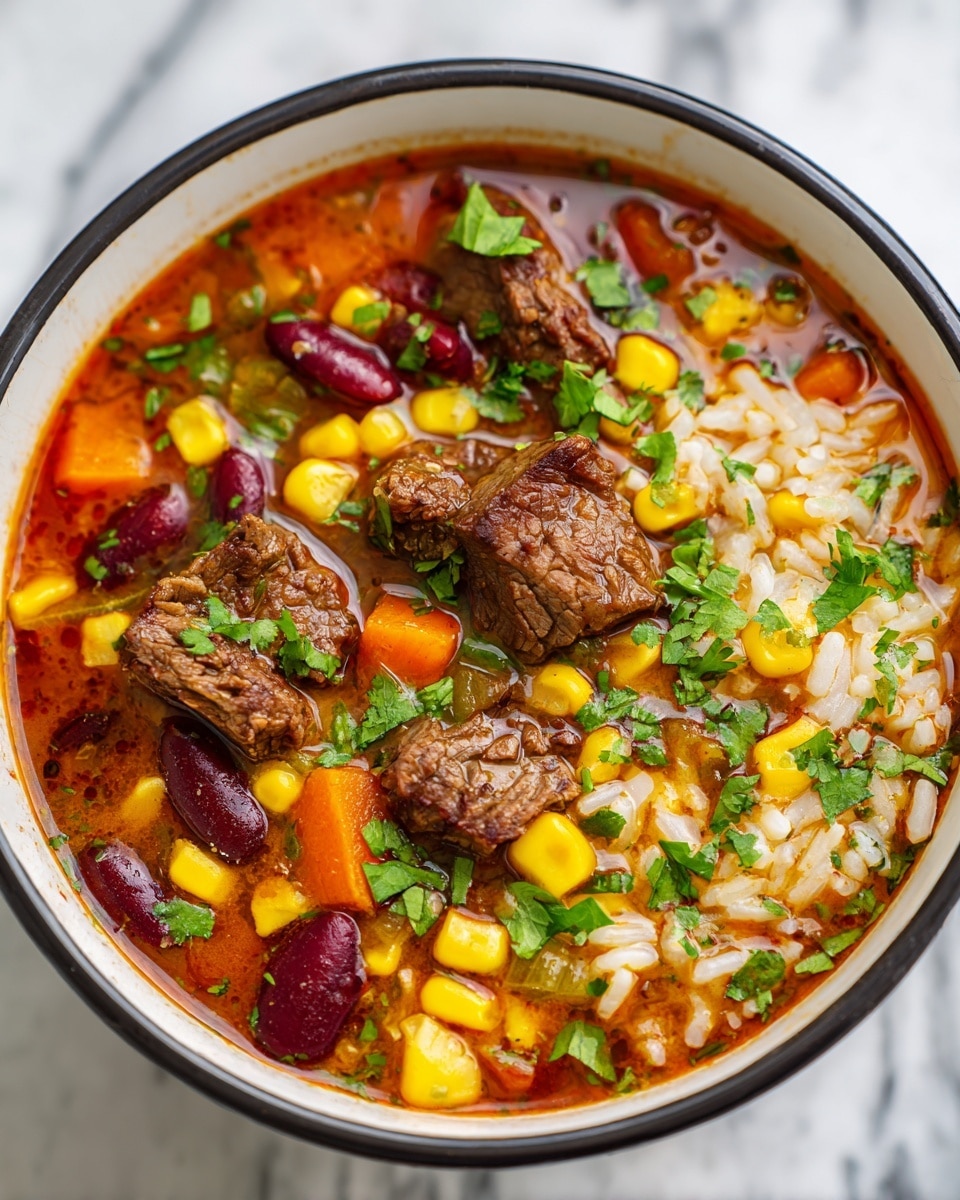 A close-up view of a bowl filled with a colorful soup showing multiple layers: the base layer is a rich red-orange broth, filled with chunks of cooked beef that are brown and textured in the center, surrounded by yellow corn kernels, dark red kidney beans, white rice grains, and small pieces of orange carrots and green herbs sprinkled on top. The soup looks thick and hearty, with fresh green cilantro leaves scattered randomly on the surface. The bowl is white with a black rim, set against a white marbled background. Photo taken with an iphone --ar 4:5 --v 7