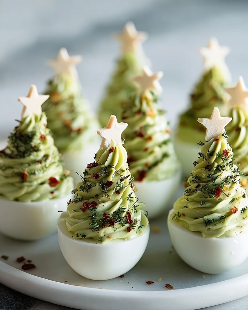 The image shows six stuffed eggs arranged on a white round plate placed on a white marbled surface. Each egg is halved, with the bottom half white and smooth, holding a tall, swirled, light green creamy filling shaped like a Christmas tree. The green filling is decorated with small bits of red seasoning and tiny dark green herb pieces evenly scattered on it. Each egg tree has a small, pale beige star on top, adding a festive touch. The photo taken with an iphone --ar 4:5 --v 7