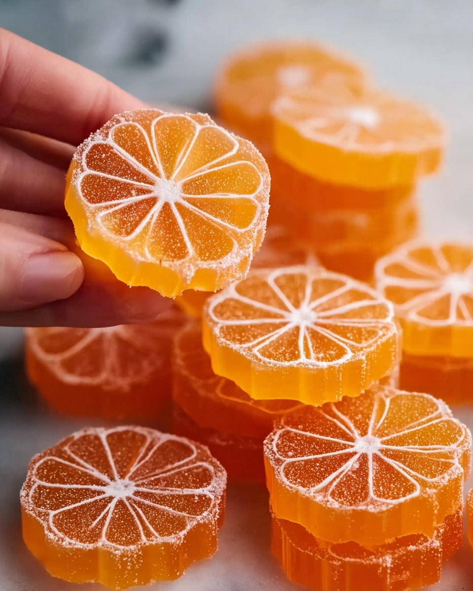 The image shows many small, translucent orange jelly candies shaped like orange slices, stacked in groups of four on a white marbled surface. Each candy has detailed white lines and a central circle to mimic the segments of an orange slice, with a light sprinkle of powdered sugar on top. A woman's hand is gently holding one stack of the candies near the left side of the image, adding a sense of scale and texture to the soft, slightly shiny candies. Photo taken with an iphone --ar 4:5 --v 7