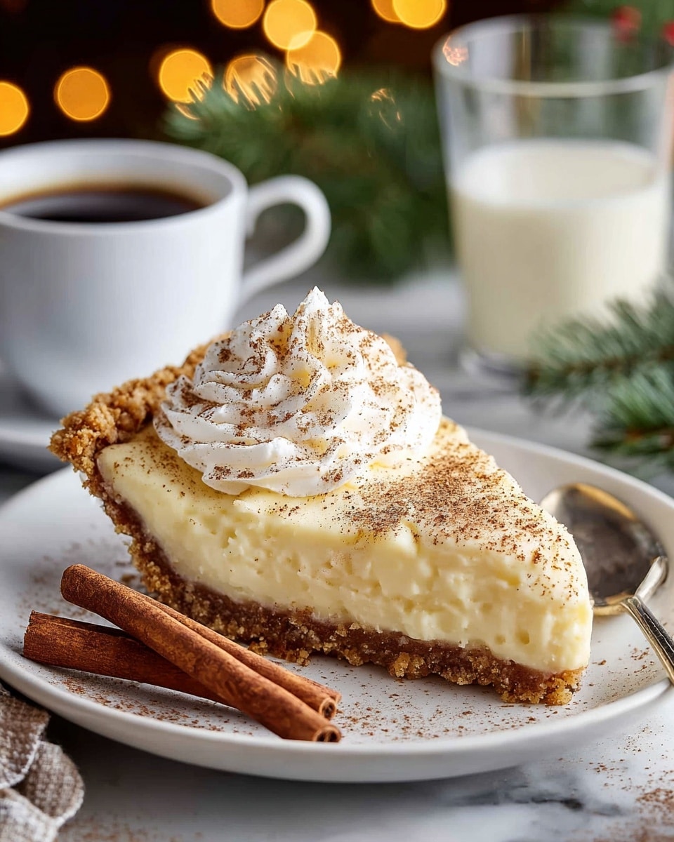 A slice of creamy, pale yellow pie with a crumbly golden-brown crust sits on a white plate, its top sprinkled with fine brown cinnamon powder. On the pie's surface rests a generous, swirled layer of white whipped cream dusted with cinnamon. To the left of the pie slice, two whole cinnamon sticks lie next to a silver spoon resting on the plate. In the blurred background, a white cup filled with dark coffee and a glass of milk are visible against a green pine branch and warm yellow-orange bokeh lights, all set on a white marbled surface. photo taken with an iphone --ar 4:5 --v 7