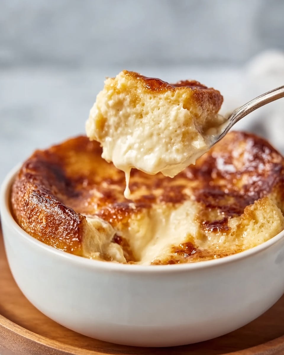 The image shows a white bowl filled with a four-layer bread pudding that has a golden brown, slightly crispy top with a soft and creamy inside. A spoon lifts a piece from the bowl, revealing a light, fluffy texture with a shiny, caramelized crust on the exposed upper layer. The bowl is resting on a wooden surface with a smooth white marbled texture background, giving a warm, cozy feeling. photo taken with an iphone --ar 4:5 --v 7