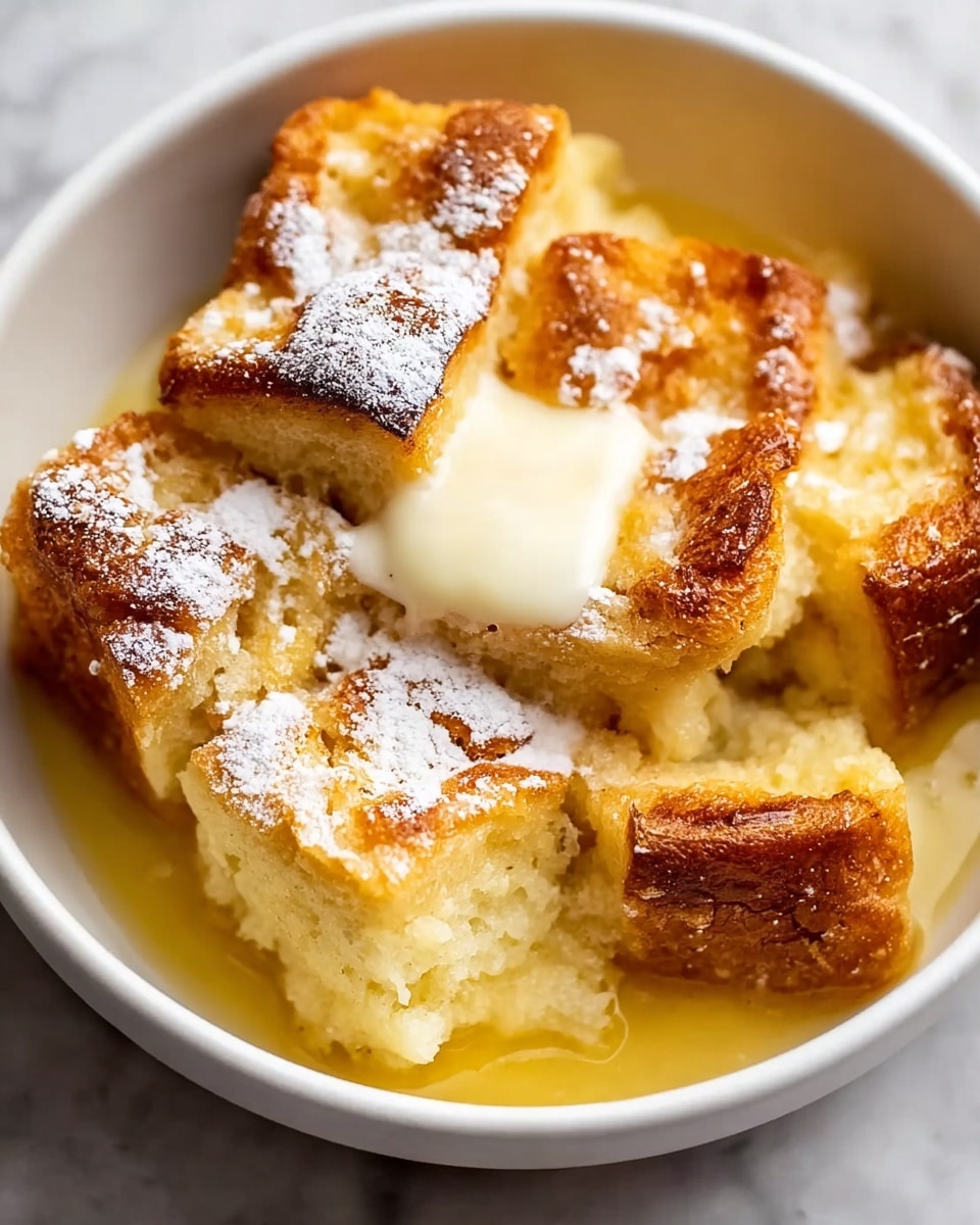 A white bowl holds a bread pudding made of thick cubed bread pieces with a golden brown crust. The cubes are soft and fluffy inside, soaked in a light yellow sauce at the bottom. The top layer has a light dusting of powdered sugar and a melting pat of white butter sitting in the center. The bread texture shows a mix of crisp edges and soft, tender centers with a warm, inviting color contrast. The bowl is placed on a white marbled texture. photo taken with an iphone --ar 4:5 --v 7