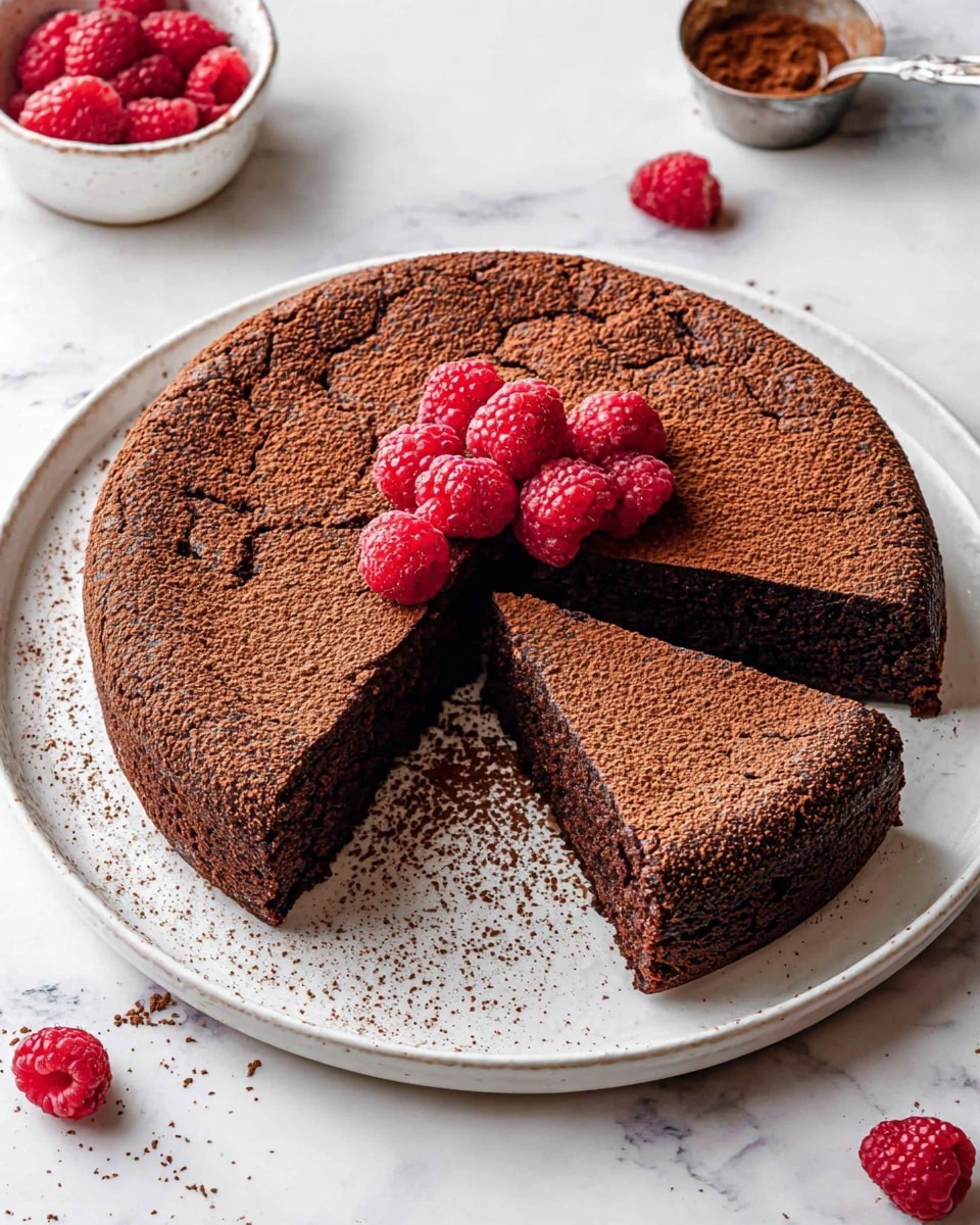 A single-layer dark chocolate cake with a textured, cracked top dusted evenly with cocoa powder sits on a white plate. The cake is thick and rich looking, with one large slice cut and slightly pulled out, revealing a dense and moist interior. A small pile of bright red raspberries is placed in the center on top of the cake, adding a fresh pop of color. There are a few loose raspberries scattered around the plate on a white marbled surface, along with a small white dish holding more raspberries and a small metal bowl with cocoa powder in the background. The overall scene is bright and clean. photo taken with an iphone --ar 4:5 --v 7