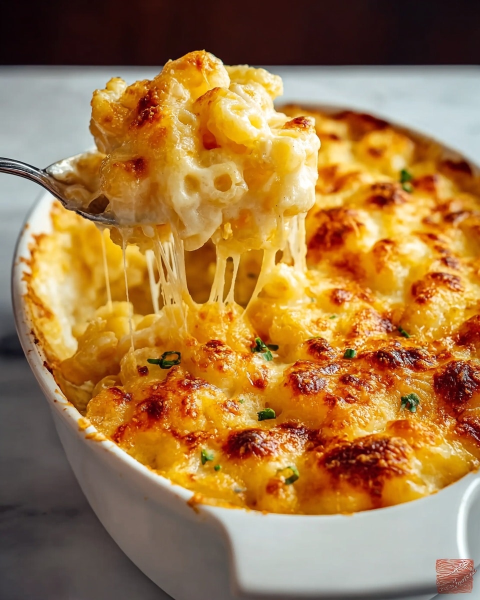 A white oval baking dish contains a golden brown baked macaroni and cheese with a bubbly and slightly crispy top layer, showing melted cheese browned in spots. A woman's hand is lifting a spoonful of creamy, gooey macaroni pasta from the dish, with long melted cheese strands stretching from the dish to the spoon. The macaroni beneath the top crust is soft and coated with smooth, rich cheese sauce. Small bits of green herbs are sprinkled lightly on top for color. The dish rests on a white marbled surface. photo taken with an iphone --ar 4:5 --v 7