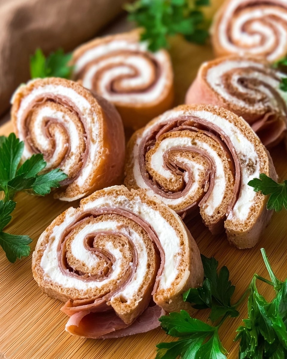 The image shows several swirled pinwheel sandwiches made of two layers: a light brown thin flatbread rolled tightly with a creamy white filling in the middle, creating a spiral pattern. These rolled sandwiches are sliced into thick pieces and placed on top of thin slices of pinkish-brown deli meat scattered on a wooden surface. Bright green parsley leaves are used as garnish, adding a fresh touch. The wooden surface has a natural texture, but for the image prompt, it should be imagined as a white marbled texture. photo taken with an iphone --ar 4:5 --v 7