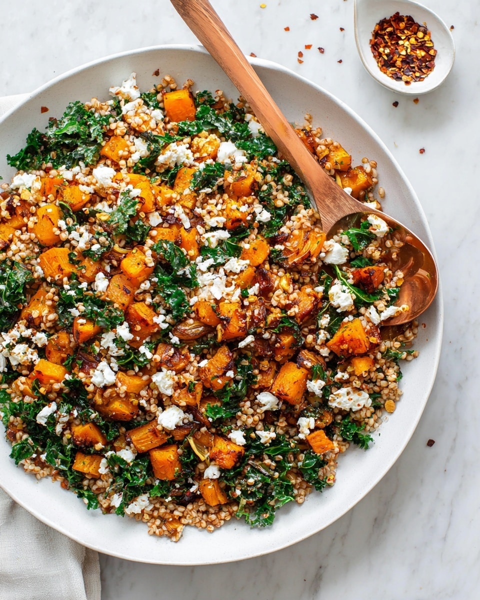 A large white plate holds a warm dish with three main layers: at the bottom, there is a bed of light brown cooked grains, topped with bright orange roasted pumpkin pieces scattered evenly. Mixed in are dark green wilted kale leaves that add a fresh contrast, with small bits of white cheese crumbled on top, creating spots of creamy texture throughout. A wooden spoon rests on the left side, partially lifting the mix, and a copper spoon peeks from the right, both adding a natural feel to the scene. The plate sits on a white marbled surface with some red chili flakes in a small white dish nearby, suggesting a touch of spice. Photo taken with an iphone --ar 4:5 --v 7