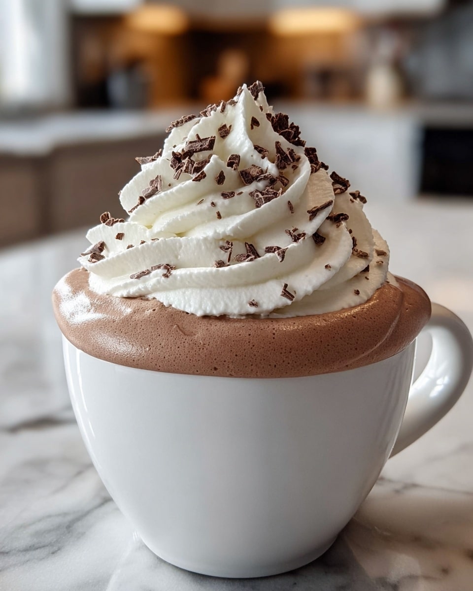 A white cup filled with a thick, smooth light brown chocolate mousse layer, topped with a generous swirl of fluffy white whipped cream. On top of the whipped cream, there are small dark brown chocolate shavings scattered evenly. The cup sits on a white marbled surface, with a blurred kitchen background. photo taken with an iphone --ar 4:5 --v 7