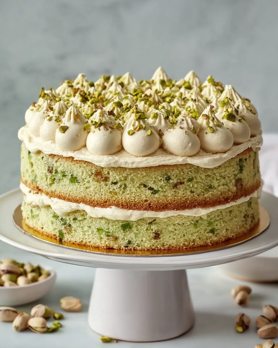 A two-layer round cake stands on a white pedestal cake stand with a thin golden edge. Each layer of the sponge cake is light green with visible small green bits, showing a moist texture. Between the two layers, there is a thick layer of creamy off-white frosting piped in round dollops. The top layer is decorated with large dollops of the same frosting placed evenly around the edge and smaller dollops in between, with a generous sprinkle of chopped green pistachios scattered on top. The background is a soft white marbled texture with some pistachio nuts scattered around the base of the stand. Photo taken with an iphone --ar 4:5 --v 7