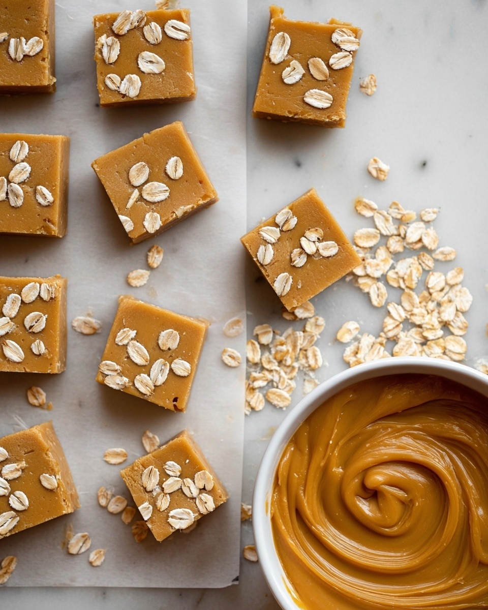 The image shows eleven squares and one small circle of soft caramel-colored fudge topped with scattered oat flakes. Each piece has a smooth, matte texture on top, with the oatmeal adding a slightly rough, pale beige contrast. The treats are placed on a white marbled surface lined with parchment paper. To the right of the treats is a white bowl filled with a thick layer of smooth, swirled golden caramel. Loose oats are scattered near the bowl, blending softly into the background. The layout is neat but casual, emphasizing the texture and natural colors of the fudge and oats. photo taken with an iphone --ar 4:5 --v 7