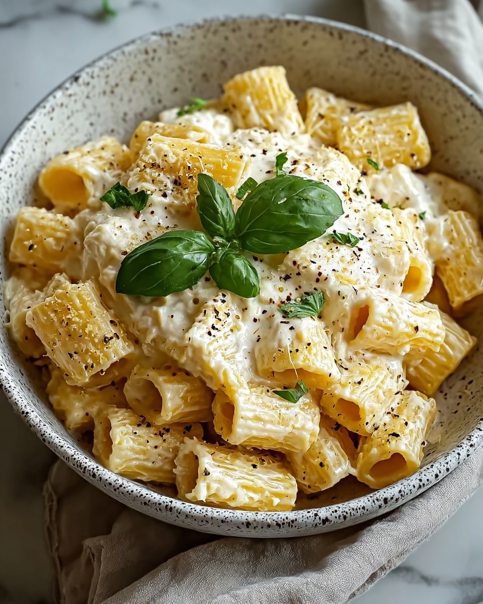 A bowl of yellow rigatoni pasta is coated with a creamy white sauce, piled high in the center. The pasta pieces are large, ridged tubes, and the sauce appears thick and smooth, covering most of the top layer. A light sprinkle of grated cheese and black pepper is scattered across the surface, adding texture and contrast. Bright green basil leaves are placed on top, providing a fresh pop of color. The white bowl with dark speckles sits on a soft, light-colored cloth over a white marbled surface. photo taken with an iphone --ar 4:5 --v 7