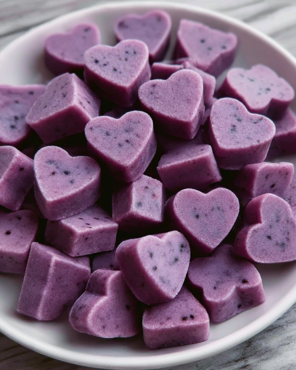 A close-up view of a white plate filled with small, purple frozen treats shaped like hearts and squares. The treats have a smooth, slightly frosty texture with tiny dark specks scattered throughout. They are piled casually, filling the plate almost to the edge, with some pieces overlapping. The surface under the plate is a white marbled texture. photo taken with an iphone --ar 4:5 --v 7