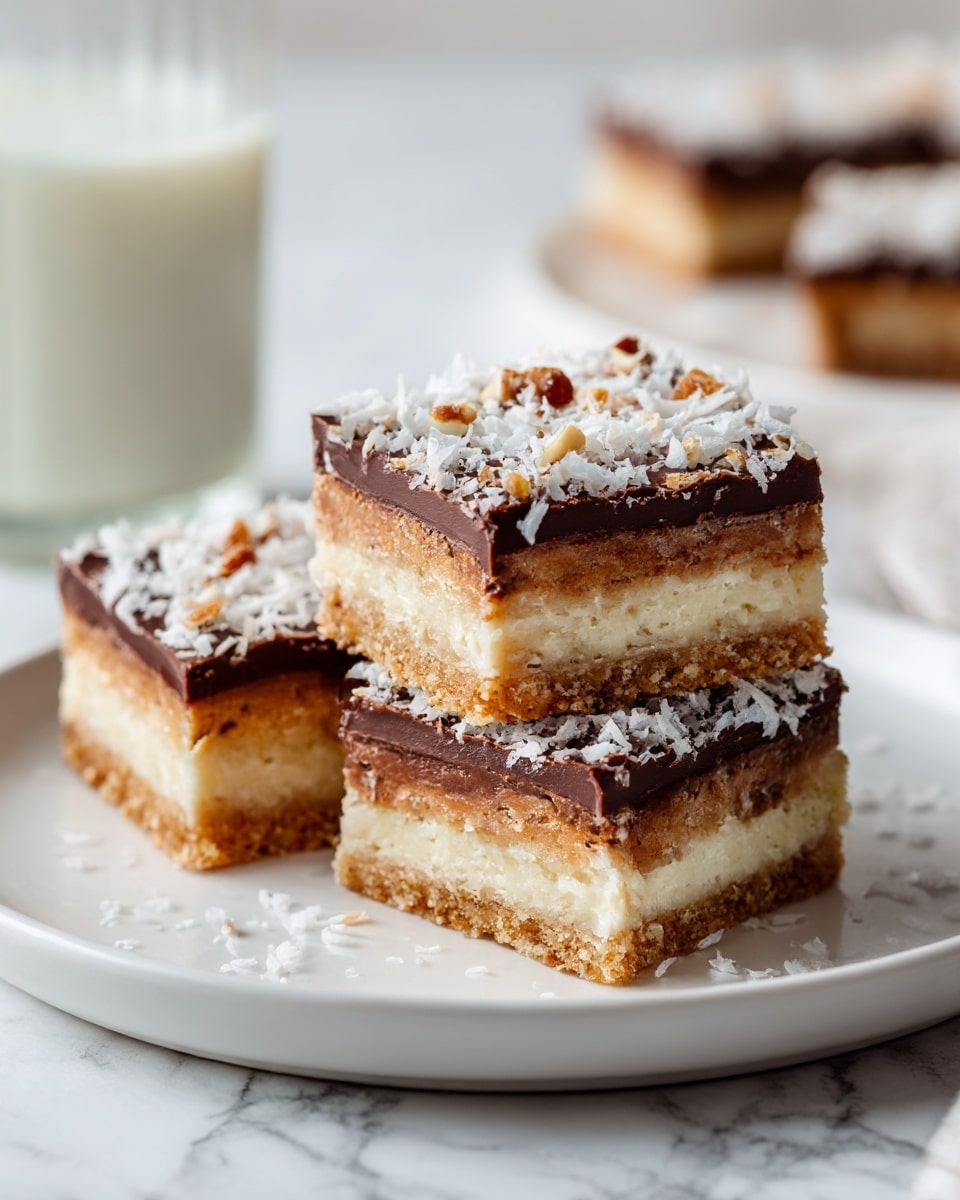 The image shows three square dessert bars on a white plate placed on a white marbled surface. Each bar has three visible layers: a bottom layer of golden brown crumbly crust, a middle layer of creamy light beige filling, and a top layer of thick, dark brown chocolate. The top is sprinkled generously with white shredded coconut and some small bits of nuts. In the background, part of a glass of milk is visible. photo taken with an iphone --ar 4:5 --v 7