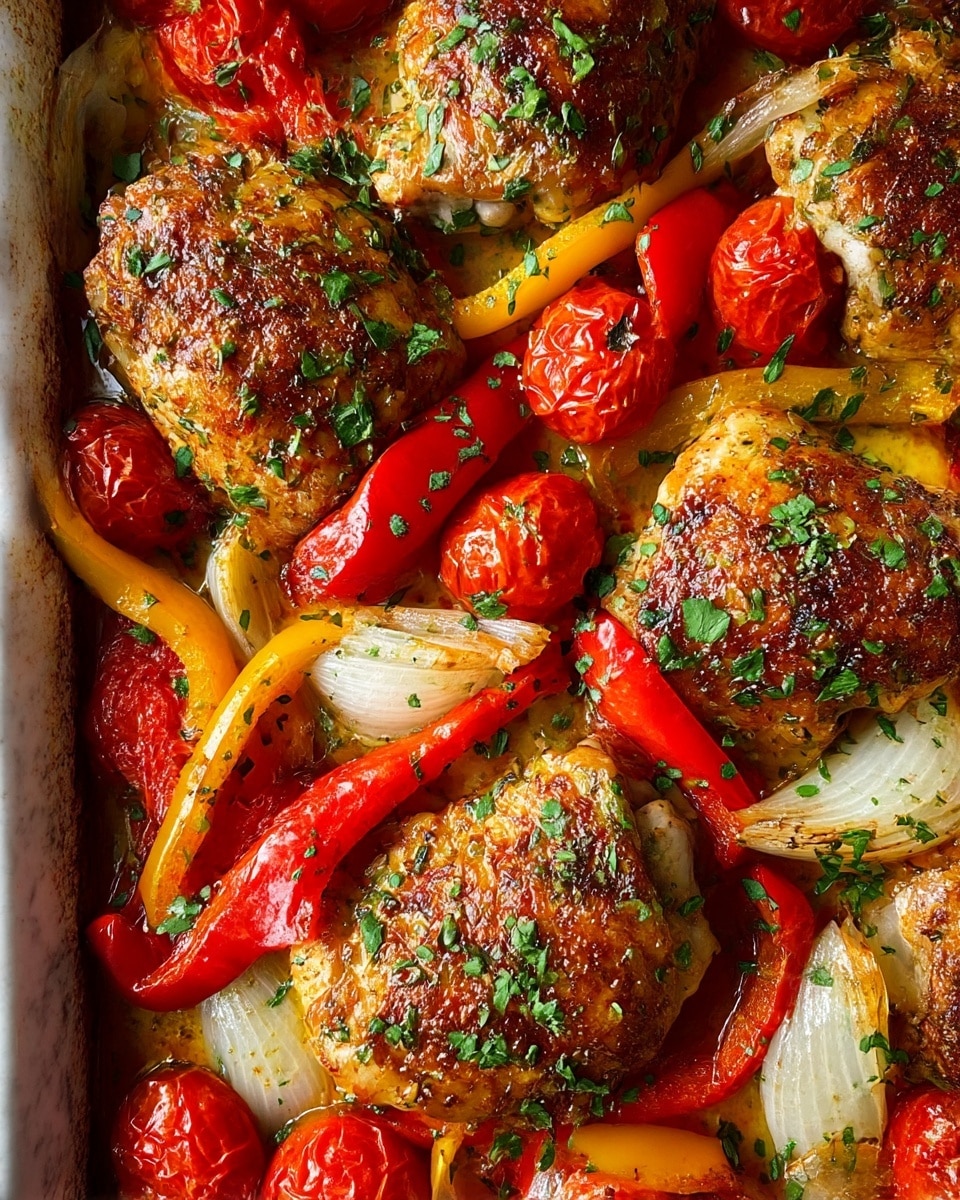 The image shows a close-up of several browned chicken thighs with crispy skin, arranged in a baking dish. The chicken pieces are surrounded by red and yellow bell pepper strips, roasted cherry tomatoes that are slightly wrinkled, and wedges of soft cooked onions. All the ingredients are coated in a light oil and spiced with green chopped herbs sprinkled throughout, adding a fresh contrast to the warm, rich colors of the cooked chicken and vegetables. The scene rests on a white marbled texture. photo taken with an iphone --ar 4:5 --v 7