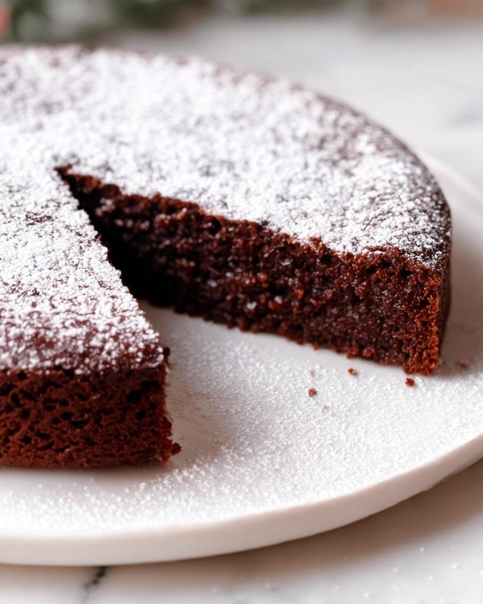 A single-layer round chocolate cake with a dark, moist texture is shown in close-up, sitting on a white plate. The cake is topped with a thin, even layer of powdered sugar that looks soft and slightly fluffy, covering the top surface fully. A slice is cut out, revealing the rich, dense crumb inside. The plate rests on a white marbled surface with some powdered sugar scattered subtly around. The setting is softly lit, making the chocolate cake look rich and inviting. photo taken with an iphone --ar 4:5 --v 7