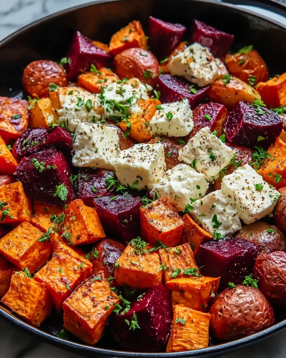 This dish shows a close-up of roasted cubed vegetables in a shallow black pan, arranged in a mixed pile. The first layer is made of orange roasted sweet potato cubes with a slightly crisp, browned surface, scattered evenly. Mixed with these are deep purple-red roasted beetroot chunks that have a shiny, tender texture. Another layer includes small pieces of reddish-brown potato halves that look soft and roasted. On top, there are white creamy feta cheese cubes speckled with black pepper. The dish is sprinkled with finely chopped green parsley that adds freshness and contrast to the rich colors of the vegetables. The pan rests on a white marbled surface. photo taken with an iphone --ar 4:5 --v 7