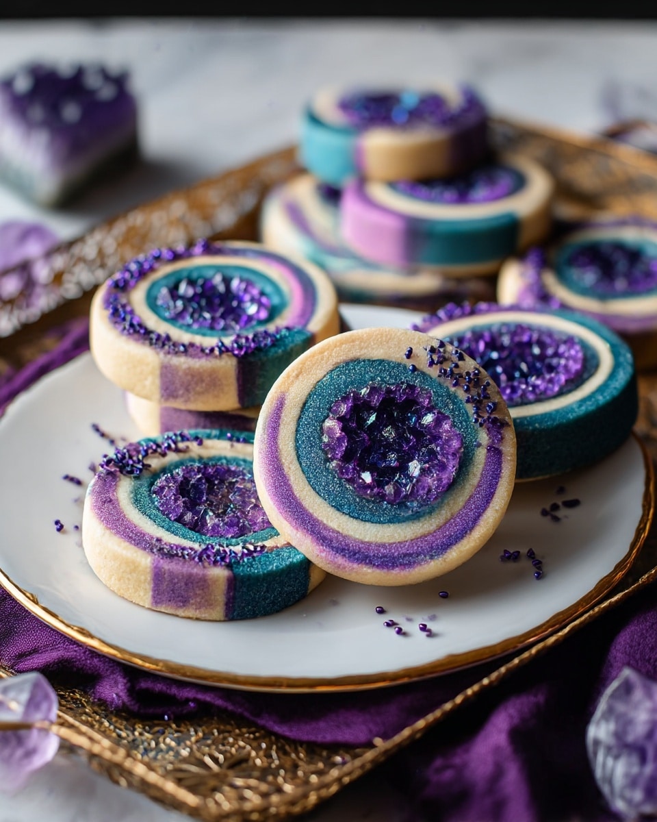 The image shows several cookies on a white plate with a gold edge, placed on a purple cloth and a gold tray with a detailed pattern. Each cookie has multiple layers forming concentric circles, starting with a light beige outer layer, followed by bands of purple, white, and teal, then a dark purple layer, and in the center an opening filled with shiny, crystalline purple sugar that looks like amethyst stones. Some cookies also have small dark purple sprinkles on the edge. The background is a white marbled texture with some amethyst-like crystals scattered around the plate. photo taken with an iphone --ar 4:5 --v 7