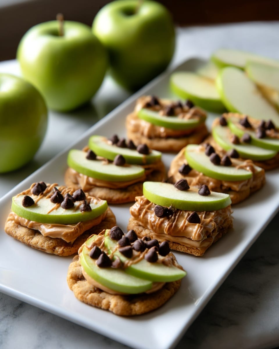 The image shows a white rectangular plate with seven small cookies arranged in two rows. Each cookie has three layers: the bottom layer is a golden-brown cookie with a slightly rough texture, the middle layer is thin green apple slices placed flat on the cookie, and the top layer is creamy light brown peanut butter drizzled over the apple slices, sprinkled with dark brown chocolate chips. In the background, there are whole green apples and some sliced green apples placed on a white marbled surface. photo taken with an iphone --ar 4:5 --v 7